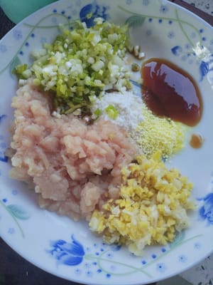 把切好的150克肉末倒入澱粉兩勺，蠔油一勺，生抽一勺，雞精一茶匙，胡椒一茶匙，花椒一茶匙，鹽一茶匙的1/2，香蔥碎15克，大蒜碎10克，生薑碎10克一起攪拌均勻。