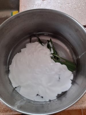 Ajoutez 100 ml de lait de coco, 150 ml d'eau, 80 g de sucre cristallisé, 1/2 cuillère à café de sel et des feuilles de pandan dans la casserole.