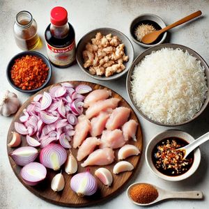 Hachez finement l'oignon et l'ail et coupez le poulet en dés. Préparez votre sambal oelek, votre kecap manis et vos autres assaisonnements.