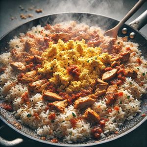 Ajoutez le riz cuit dans la poêle et mélangez bien jusqu'à ce que le riz soit uniformément enrobé. Ajoutez les œufs brouillés et remuez. Laissez cuire encore quelques minutes.