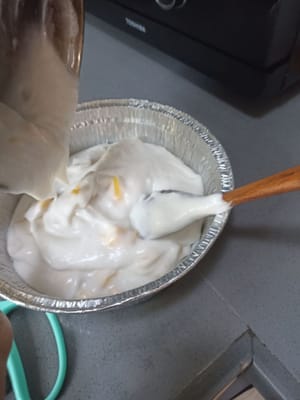 将拌好菠萝蜜的混合物慢慢倒入，并铺开，然后继续下一步。