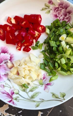 赤ピーマン、ニンニクの芽、ニンニクを粗く刻みます。