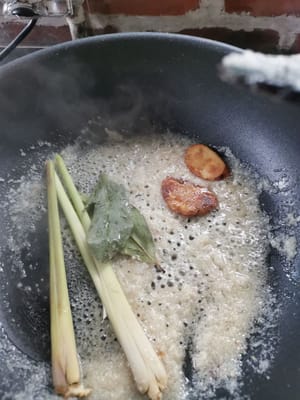 then add (lemongrass, bay leaves, sugar and galangal)