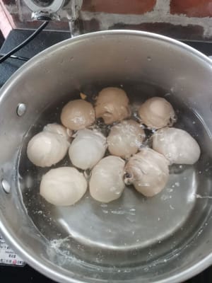 wash the eggs thoroughly, then boil them for 10 minutes