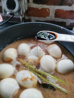 then add (sweet soy sauce, pepper powder, salt, and 1/2 teaspoon of chicken stock powder)