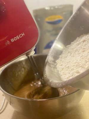 Agregue gradualmente la mezcla seca mientras mezcla (si la masa de galletas no está lo suficientemente espesa, agregue más harina)