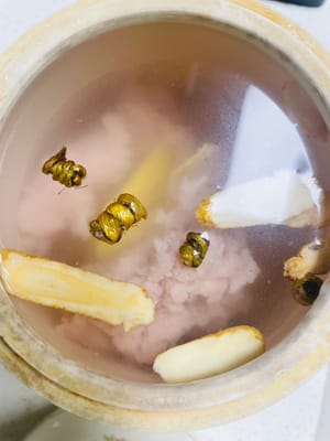 Dendrobium et ginseng américain : Mettez deux tranches de gingembre dans la marmite, ajoutez 150 grammes de porc maigre, mettez tour à tour le dendrobium et le ginseng américain, puis remplissez la marmite d'eau froide et laissez tremper pendant environ 30 minutes, afin qu'il soit plus facile de libérer la saveur (n'oubliez pas d'utiliser de l'eau froide. Mettez-le au réfrigérateur lorsqu'il fait chaud).