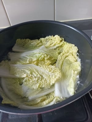 Das Wasser ist heiß, den Kohl dazugeben, bis er zusammenfällt, das dauert nicht lange, 1 Minute.