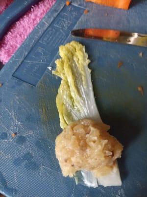 Einen halben Esslöffel Fleisch hinzufügen und