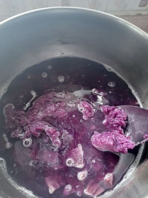Far bollire 500 ml di acqua, aggiungere 200 grammi di patata dolce viola tagliata a cubetti, cuocere finché non diventa morbida, aggiungere la patata dolce schiacciata, mescolare finché non diventa liscia, aggiungere il latte di cocco, lo zucchero e il sale, mescolare finché non diventa liscia.