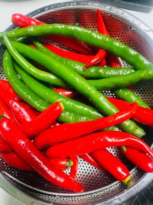 Wash the green and red peppers, drain them, pat them dry with kitchen paper, chop them, and then put them into a food processor to grind them.