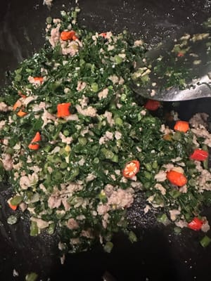 再到入备好的肉末一起翻炒。1分钟。加入辣椒配色,辣椒可以个人随意,关火上碟。