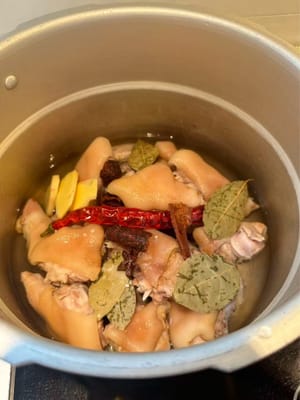 Alle benötigten Gewürze und so viel Wasser in einen Schnellkochtopf geben, dass die Schweinshaxen etwa zur Hälfte bedeckt sind.