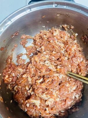 Preparare il ripieno di carne di base: aggiungere sale, brodo di pollo, zucchero, salsa di soia, salsa di ostriche e pepe al maiale macinato e mescolare bene.