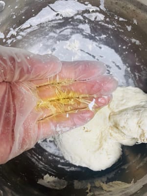 Mettez la farine, l'eau, le sel et la levure nécessaires au pain dans un bol, remuez bien et pétrissez jusqu'à obtenir une pâte grossière, ajoutez une cuillerée d'huile d'arachide, continuez à pétrir jusqu'à ce qu'elle soit lisse à 80 %, couvrez d'une pellicule plastique et laissez fermenter à 28 degrés jusqu'à ce qu'elle soit 1,5 à 2 fois plus grande.
