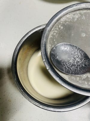 調馬蹄漿
碗裡加50g馬蹄粉,用2-3匙泡蝦米的水調成流動的漿,過篩一遍更細膩,備用。