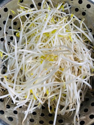 把豆芽洗淨，水開後汆燙水，撈出泡進冷開水里，以保持脆感。